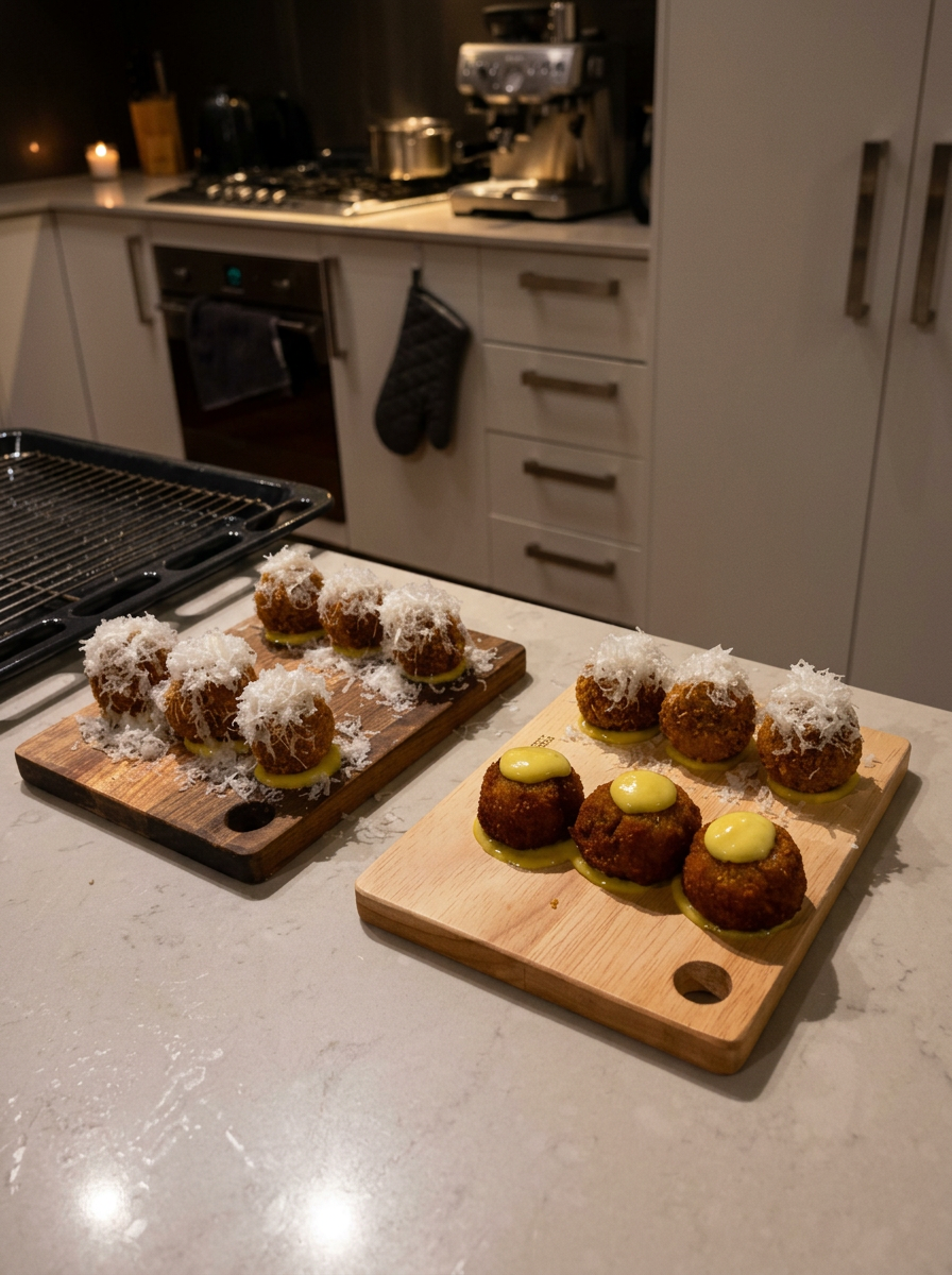 Crisp croquettes with aioli and grated cheese on wooden boards