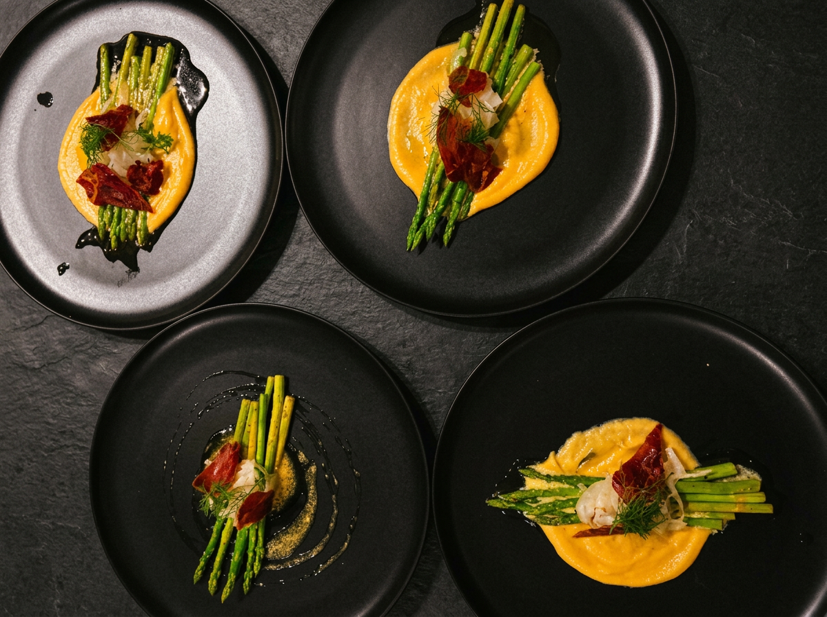 Asparagus with saffron purée and crispy prosciutto