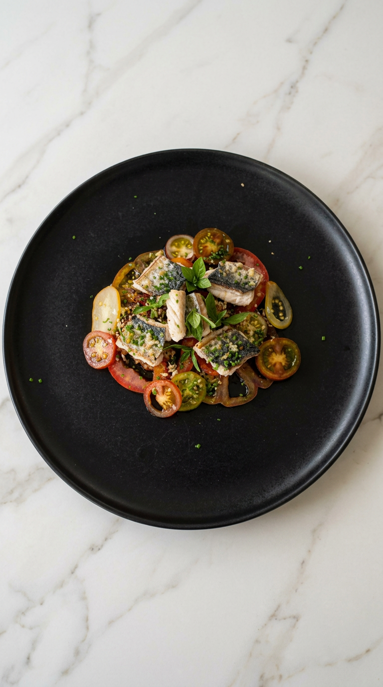 Mackerel with tomato carpaccio, basil oil and lemon crumb