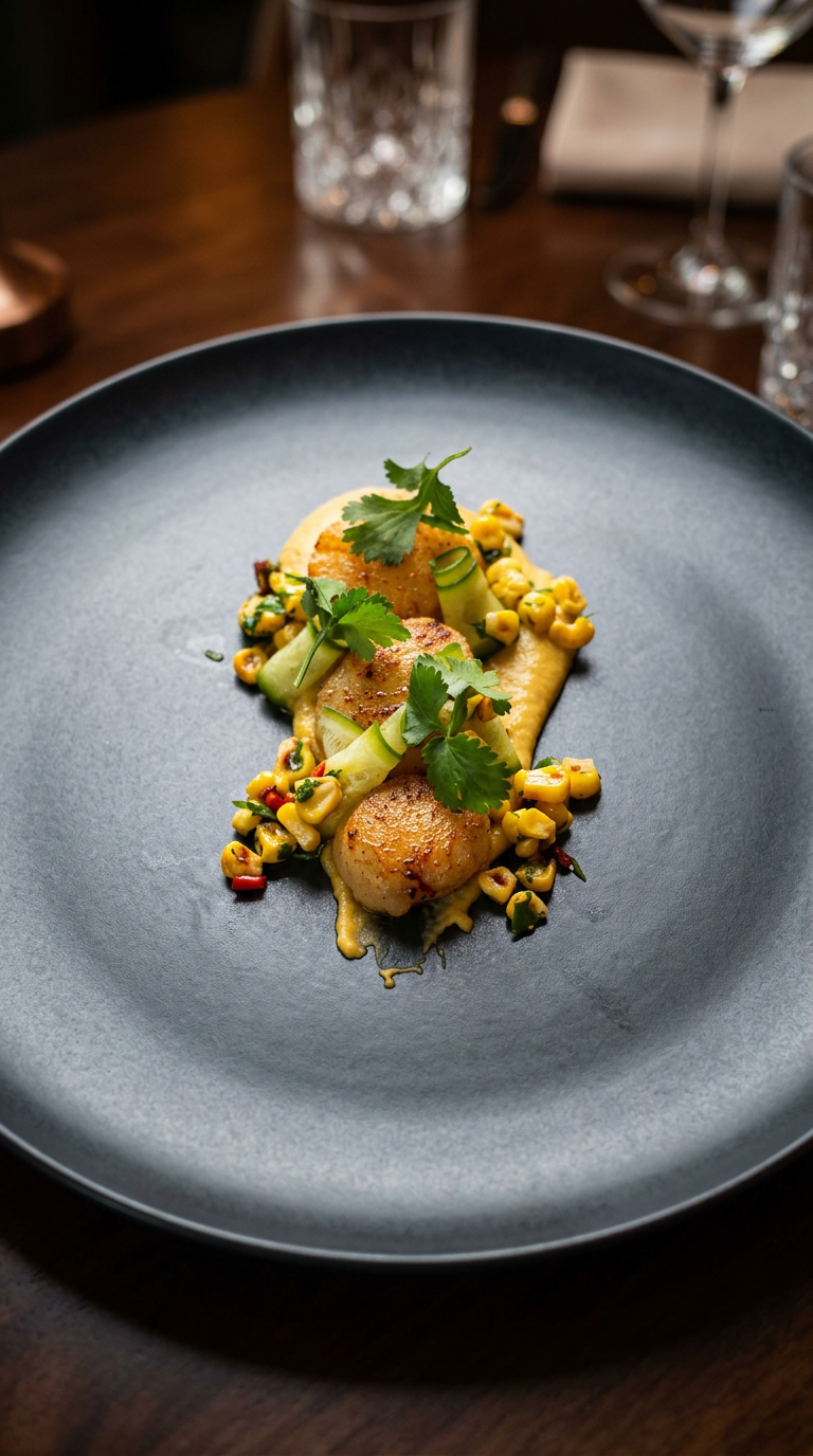 Pan-seared scallops with sweet corn purée