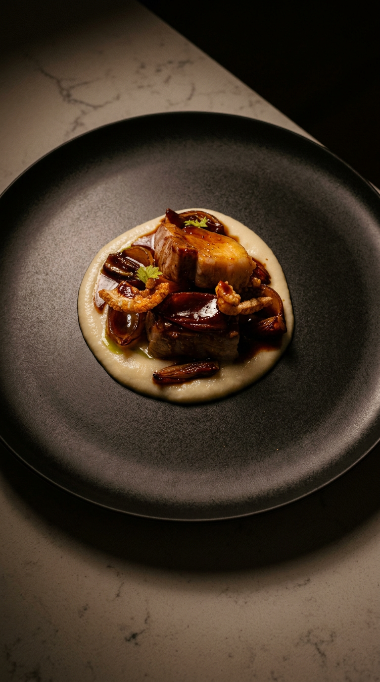 Pork belly with cauliflower purée, balsamic shallots and crispy pork skin