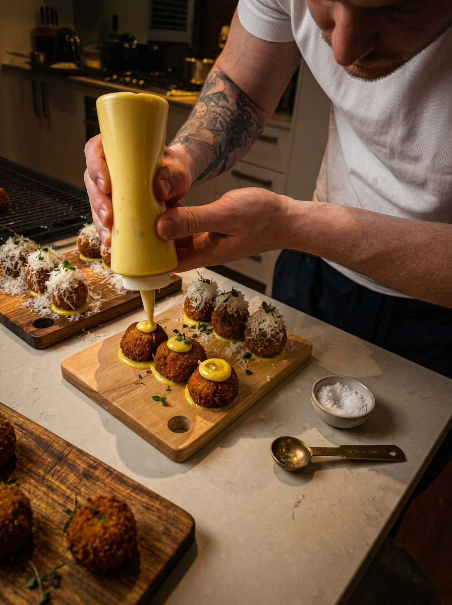 Crisp croquettes with aioli and grated cheese