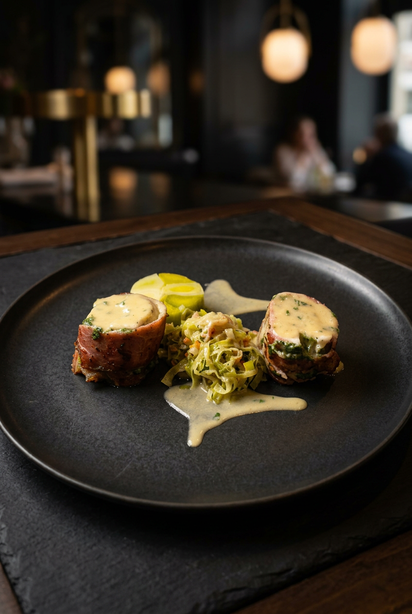 Creamed spinach chicken ballotine with leeks and tarragon sauce