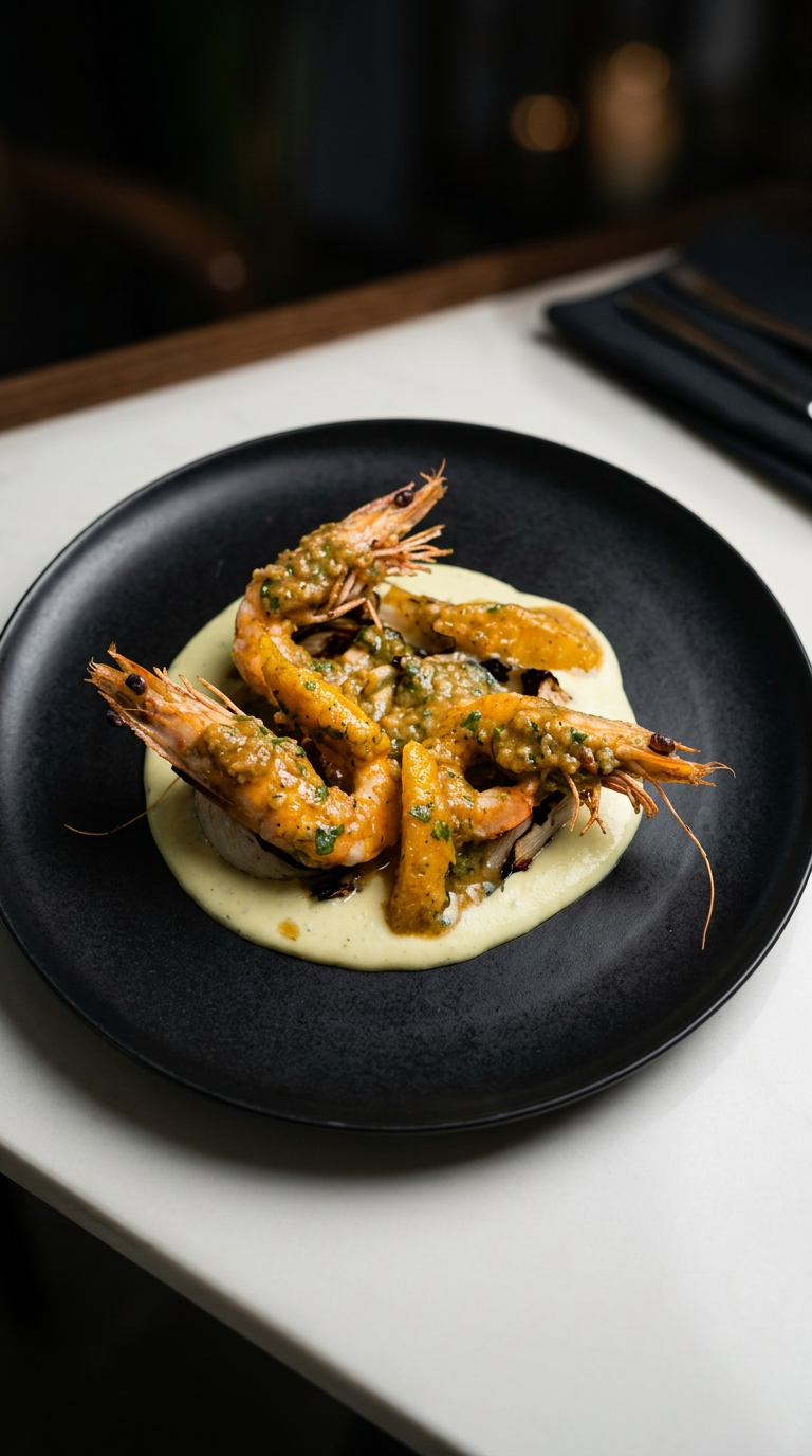 Garlic, lemon and herb butter prawns with pommes purée