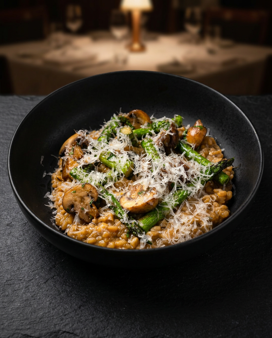 Mushroom risotto with asparagus and parmesan